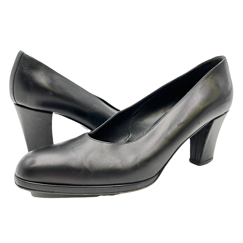Jil Sander Midnight Black Leather Round 2.5" Heel Pump Slip On Womens Size US 7
